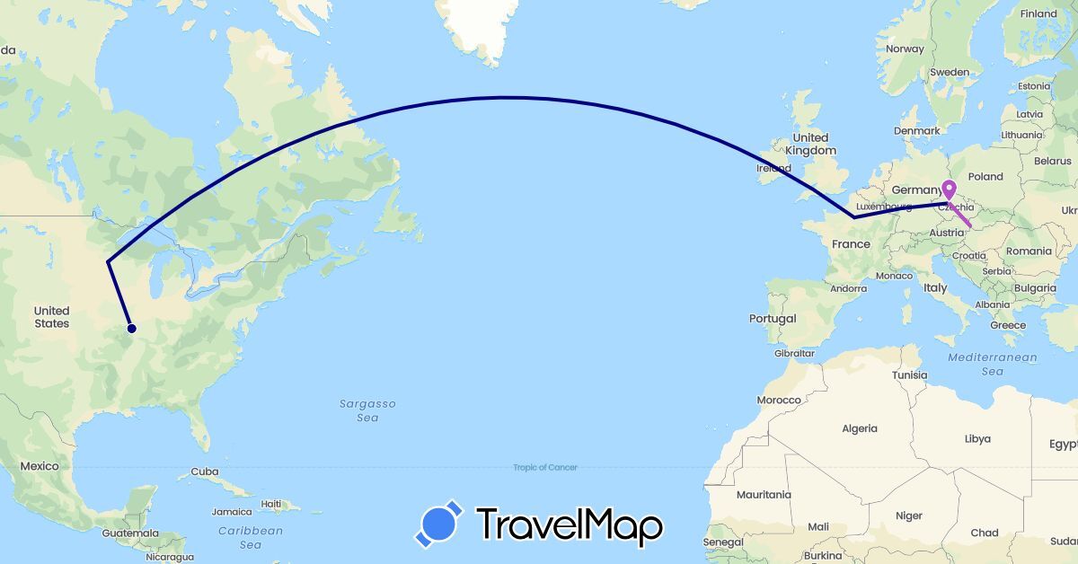 TravelMap itinerary: driving, train in Czech Republic, France, Slovakia, United States (Europe, North America)